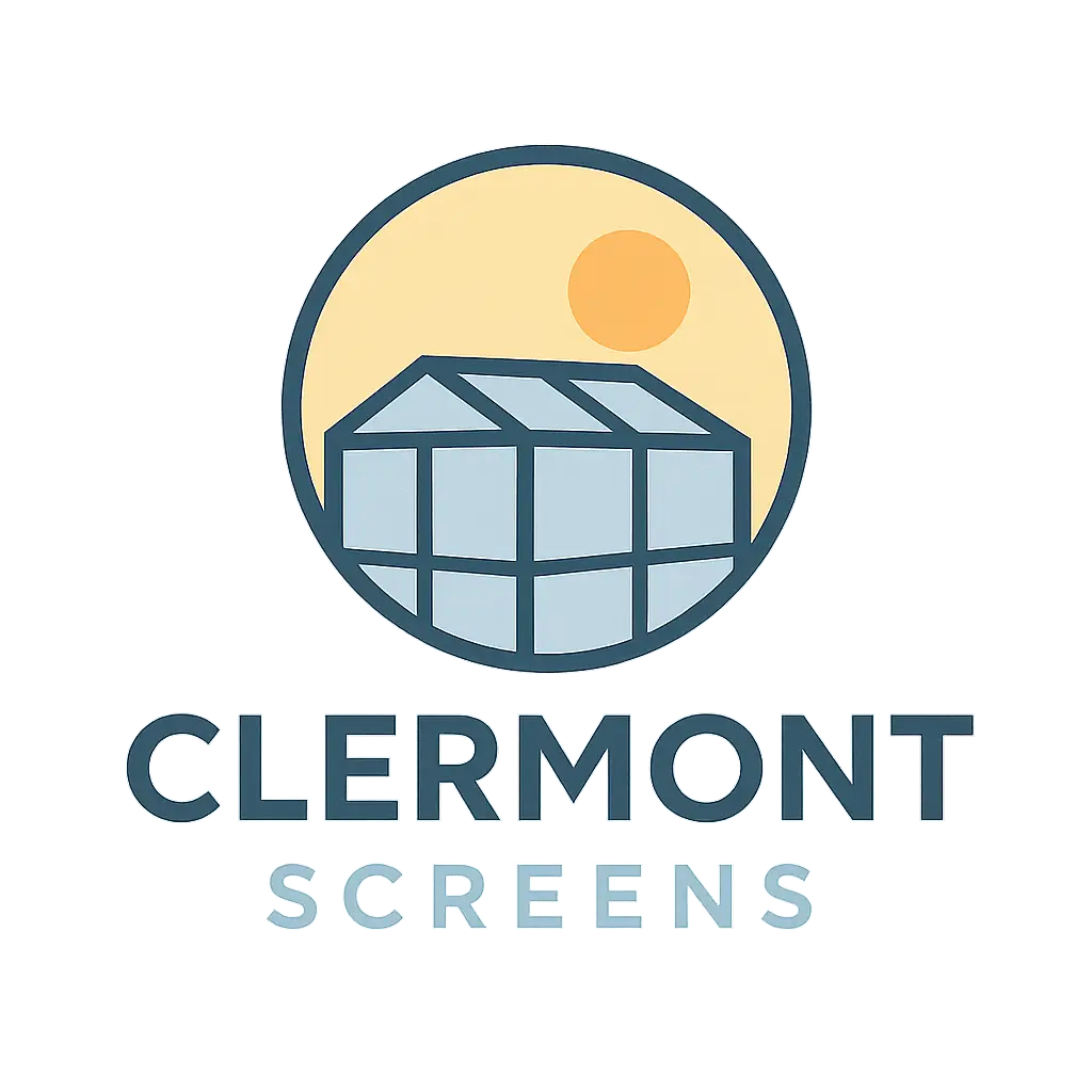 Clermont Screens company logo featuring a screened enclosure illustration with sun icon and blue text on transparent background.
