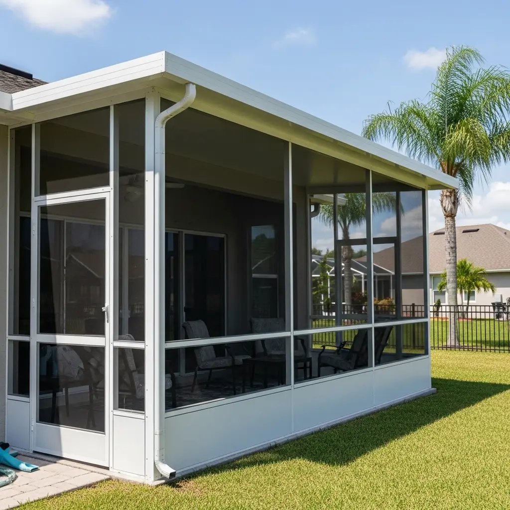 Custom-built lanai enclosure with aluminum framing and screened walls at a residential home in Clermont, FL.