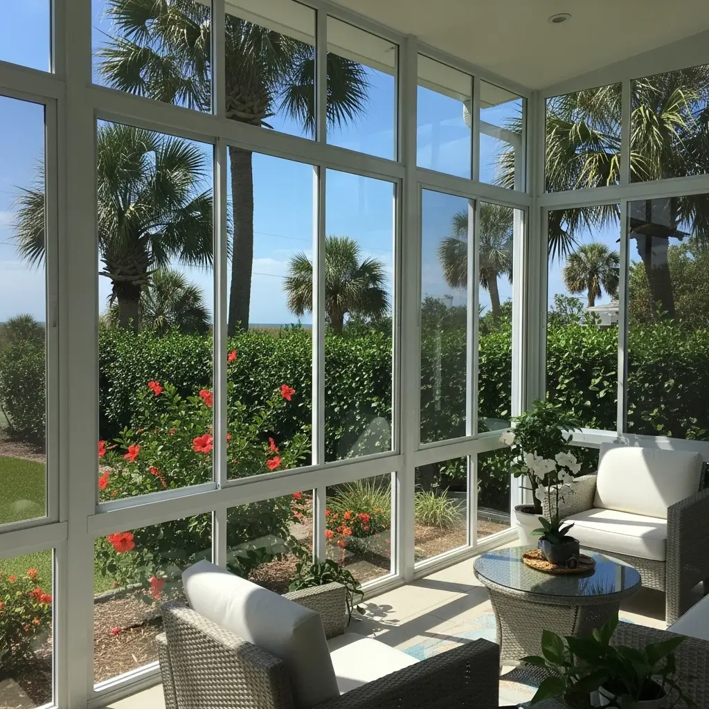 Lanai enclosure repair showing bright, glass-paneled walls with a garden view and updated framing in Clermont, FL.