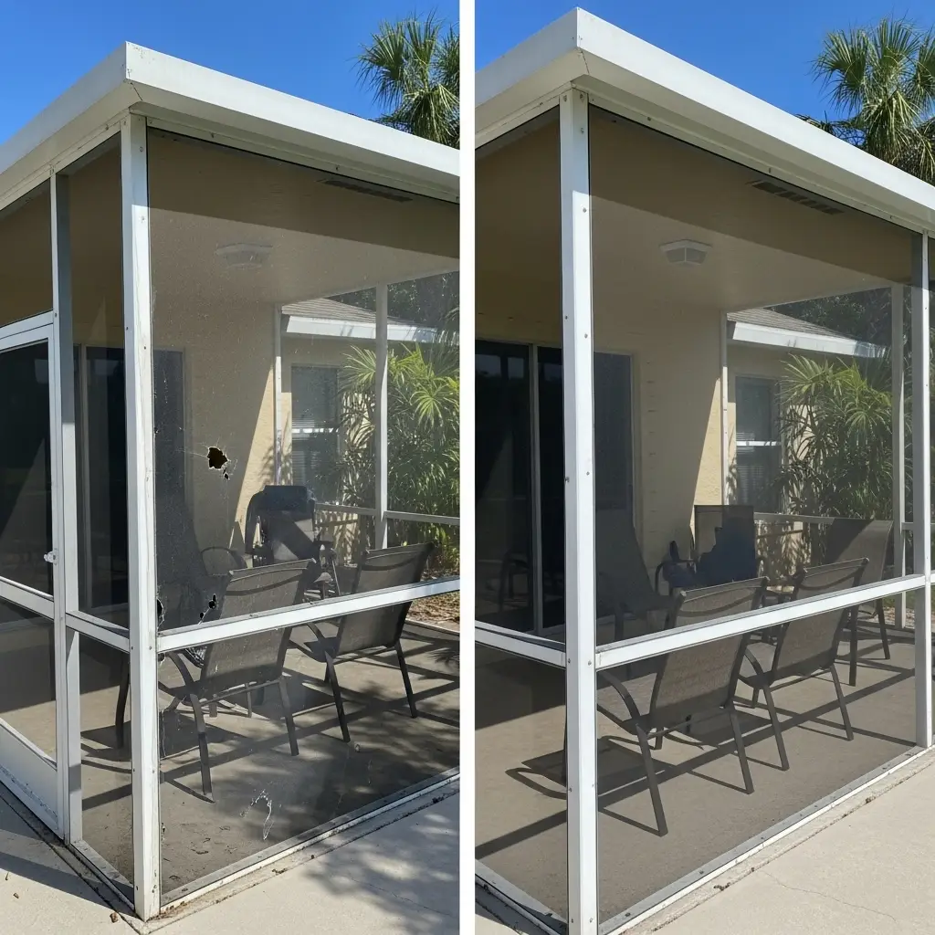 Before and after lanai screen repair showing damaged mesh replaced with new panels in Clermont, FL.