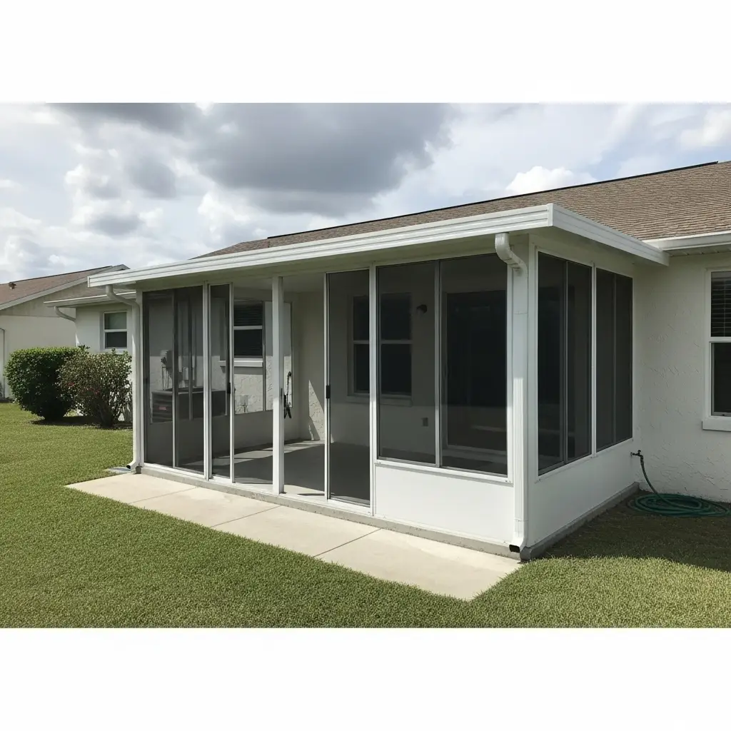Lanai screen repair project showing updated aluminum framing and fresh screen panels in Clermont, FL.