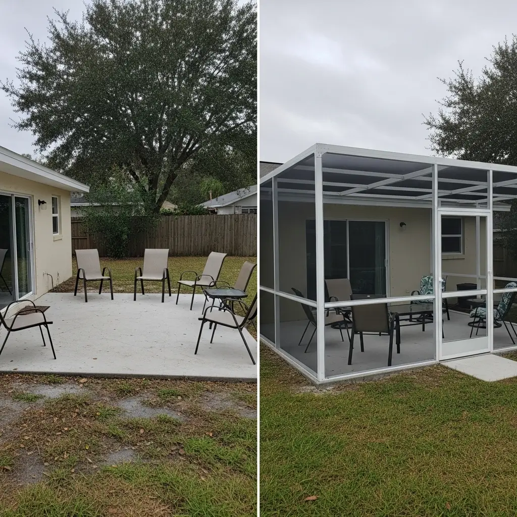 Before and after patio screen enclosure installation showing new aluminum frame and roof in Clermont, FL.