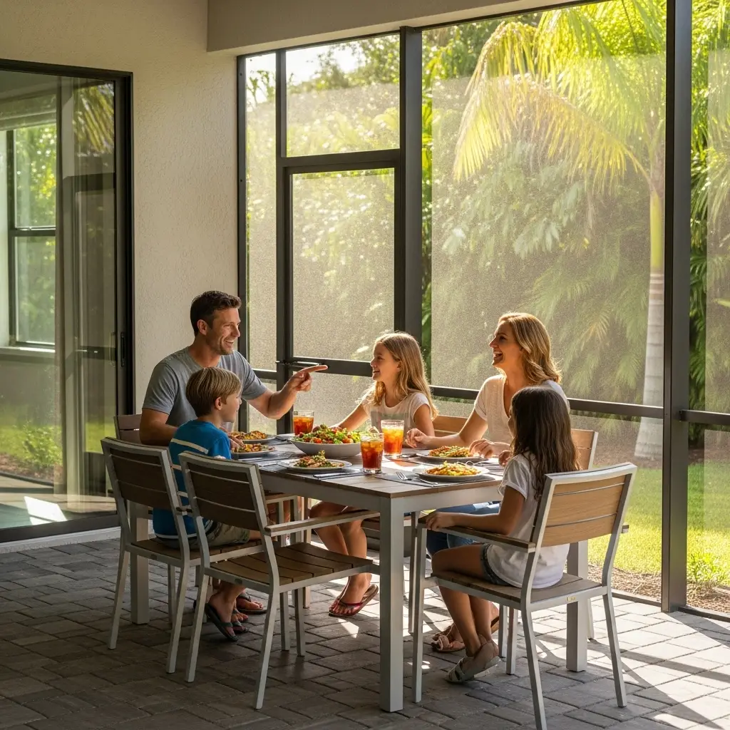 Family enjoying a meal inside a screened patio enclosure with natural light in Clermont, FL.
