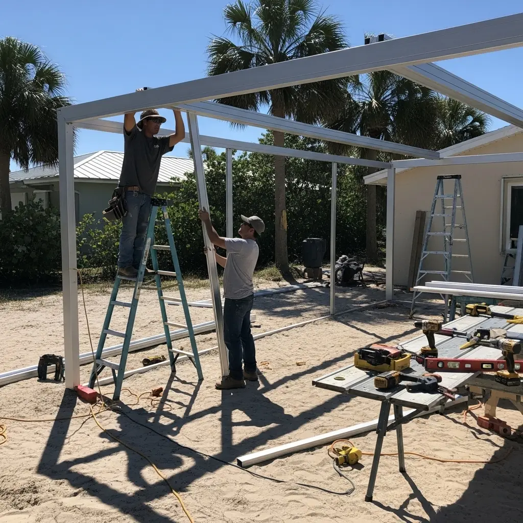 Workers installing new aluminum patio screen frame during construction project in Clermont, FL.