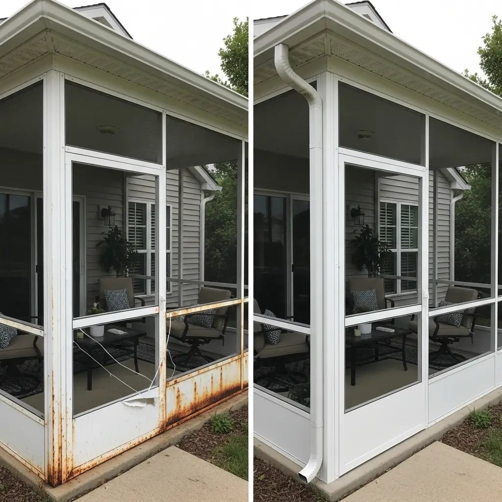 Before and after patio screen replacement showing restored aluminum frame and clean panels in Clermont, FL.