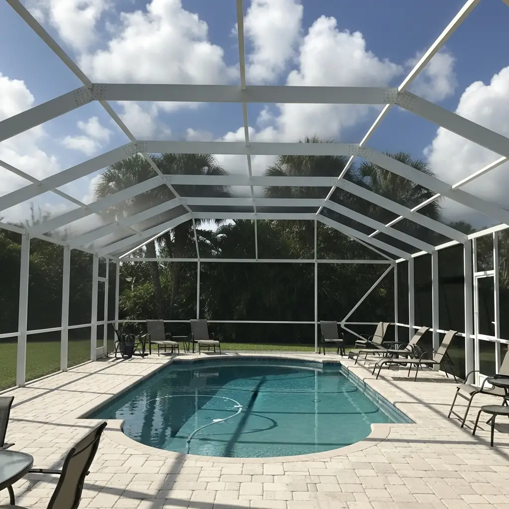 Newly installed white aluminum pool cage enclosure with clear view roof panels in Clermont, FL.