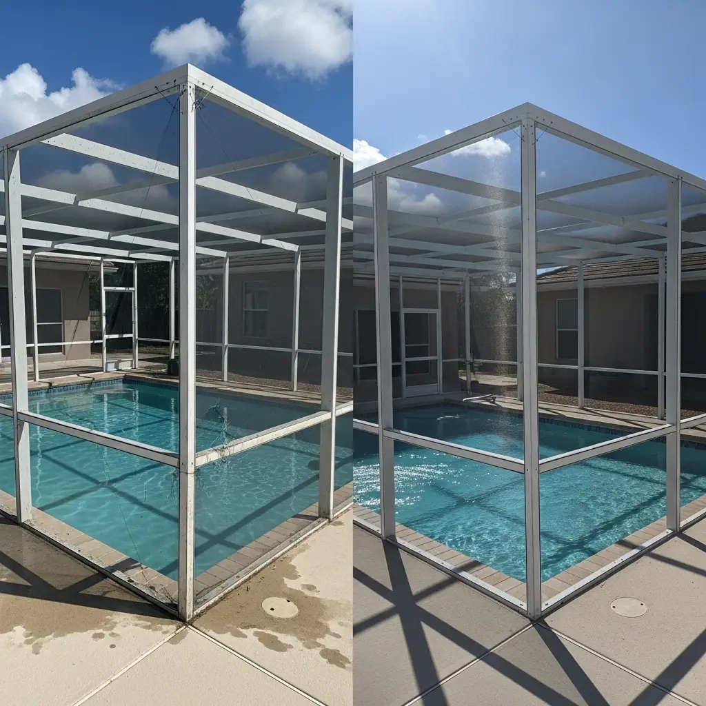 Before and after pool enclosure repair showing restored aluminum framing and screens in Clermont, FL.