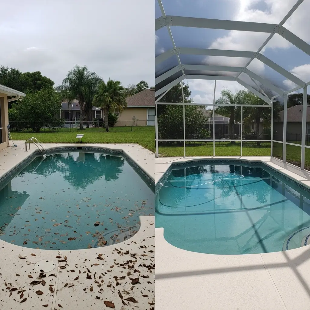Before and after pool enclosure installation showing cleaner water and new screens in Clermont, FL.