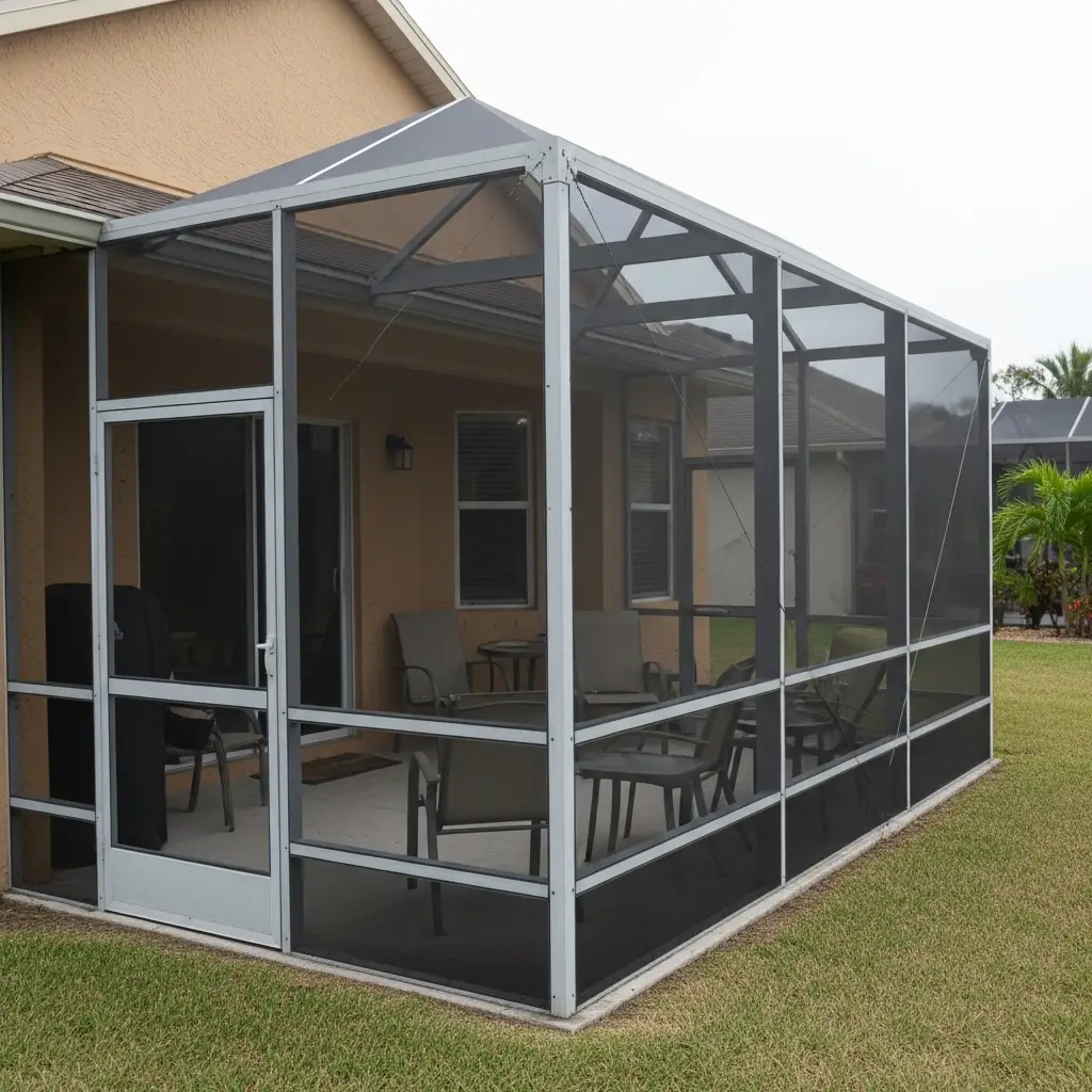 Newly built pool screen enclosure with aluminum frame and mesh panels in Clermont, FL.