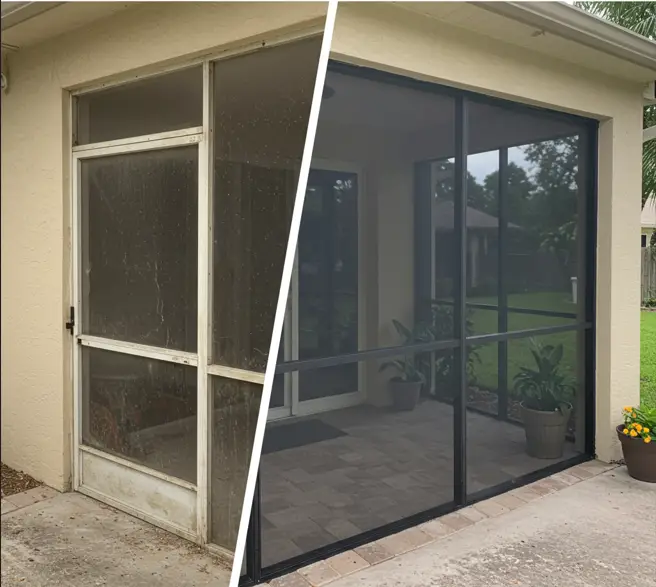 Before and after screen door repair showing restored frame and new mesh panels in Clermont, FL.
