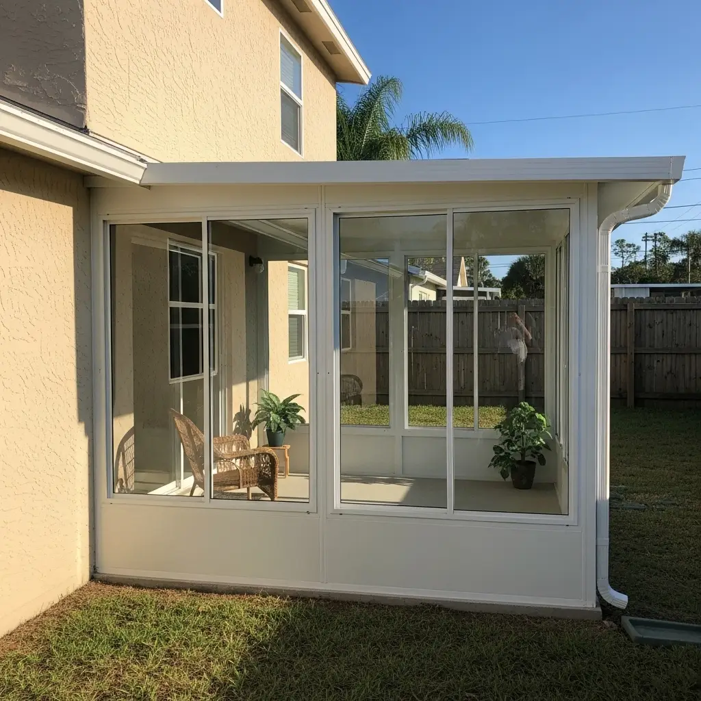 Newly installed residential screen enclosure with sliding windows and solid roof in Clermont, FL.