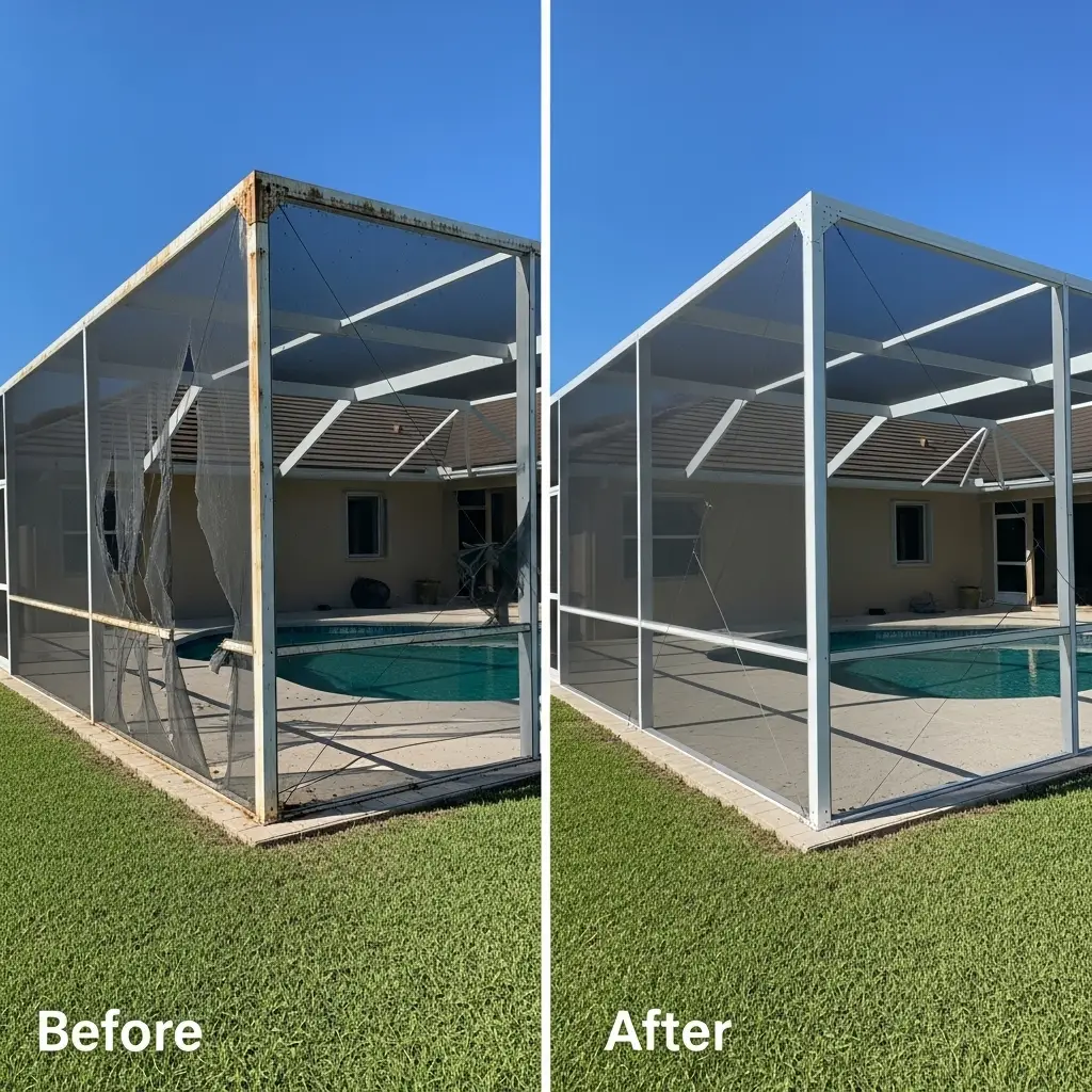 Before and after pool screen replacement showing restored enclosure at a residential home in Clermont, FL.