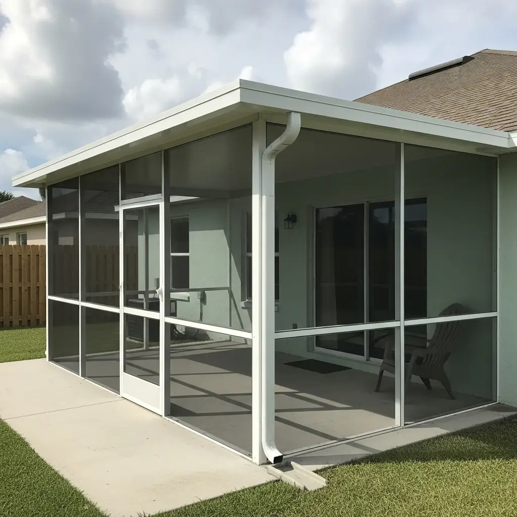 Newly constructed screened porch with aluminum frame and insulated roof in Clermont, FL.