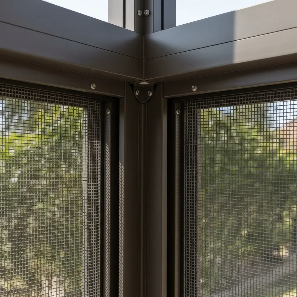 Close-up view of screened porch repair showing aluminum frame and mesh detailing in Clermont, FL.