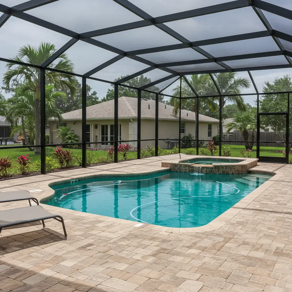 Screened pool enclosure with spa and paver deck at a residential home in Clermont, FL.